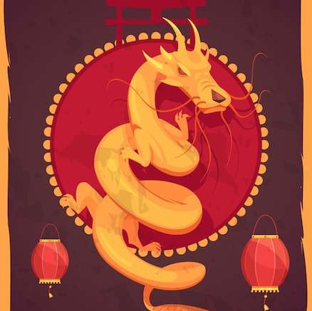 Hình vẽ vector Biểu tượng sức mạnh rồng truyền thống của Trung Quốc in tấm thảm trang trí tường với đèn lồng đỏ đầy màu sắc