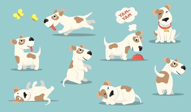 Hình vẽ vector Bộ chó nhỏ hạnh phúc. chú chó con vui nhộn dễ thương thực hành các hoạt động khác nhau, săn bắn, chơi, ăn, ngủ.