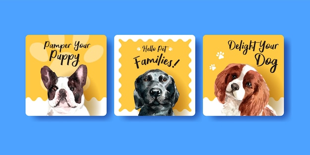 Hình vẽ vector Bộ mẫu thẻ quảng cáo chó màu nước