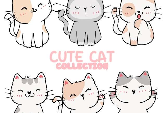 Hình vẽ vector Bộ mèo con hoạt hình dễ thương vui tươi trong các tư thế khác nhau