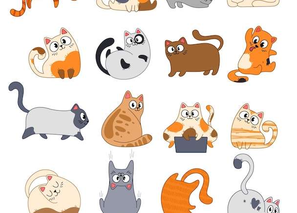 Hình vẽ vector Bộ mèo nhiều màu hoạt hình dễ thương. những chú mèo ngộ nghĩnh có sọc và đốm đang ngồi, nằm, thú cưng vui vẻ