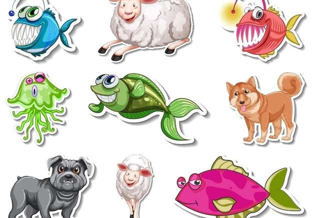 Hình vẽ vector Bộ sticker động vật biển và chó nhân vật hoạt hình