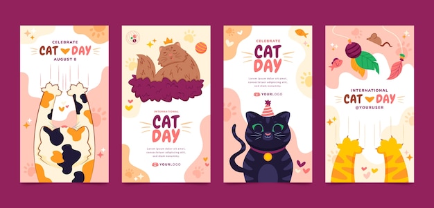 Hình vẽ vector Bộ sưu tập câu chuyện instagram ngày quốc tế mèo phẳng