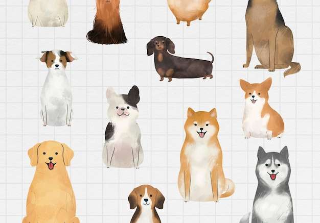 Hình vẽ vector Bộ sưu tập tranh màu nước chú chó thân thiện