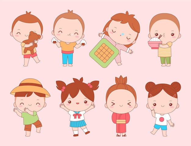Hình vẽ vector Bộ sưu tập trẻ em Nhật Bản kawaii