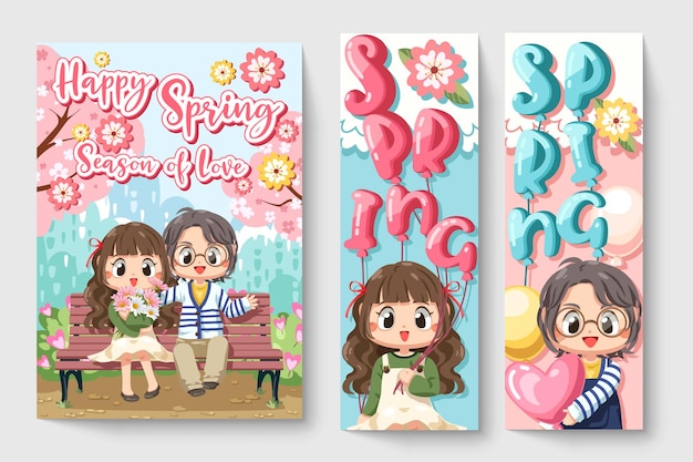 Hình vẽ vector Cặp đôi nam nữ dễ thương với những bông hoa trong hình minh họa chủ đề mùa xuân cho các tác phẩm thời trang trẻ em