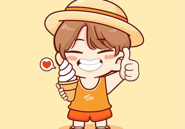 Hình vẽ vector Cậu bé dễ thương ăn kem ốc quế vào mùa hè