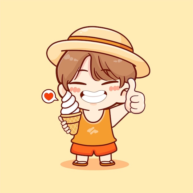 Hình vẽ vector Cậu bé dễ thương ăn kem ốc quế vào mùa hè