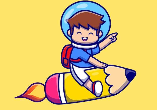 Hình vẽ vector Cậu bé dễ thương bay với phim hoạt hình tên lửa bút chì