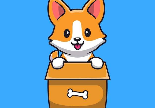 Hình vẽ vector chó corgi dễ thương chơi trong hộp phim hoạt hình