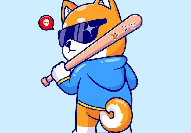 Hình vẽ vector Chú chó shiba inu dễ thương cầm gậy bóng chày biểu tượng hoạt hình vector minh họa. động vật thể thao bị cô lập căn hộ