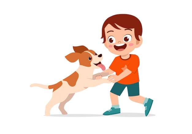 Hình vẽ vector Chúc mừng cậu bé dễ thương chơi với chú chó cưng