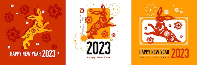 Hình vẽ vector Chúc mừng năm mới 2023 khái niệm thiết kế phẳng với thỏ hoàng đạo trung quốc minh họa vector cô lập
