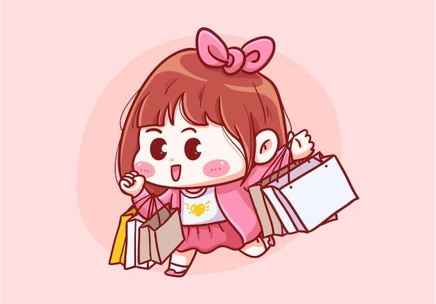 Hình vẽ vector Cô gái cầm túi mua sắm minh họa dễ thương