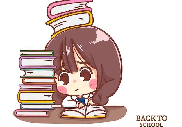 Hình vẽ vector Cô gái dễ thương đồng phục học sinh đang tập trung đọc sách trở lại trường. phim hoạt hình minh họa véc tơ cao cấp