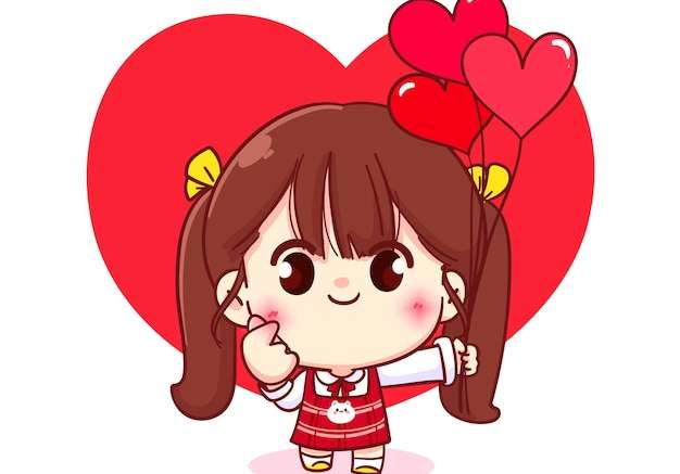 Hình vẽ vector Cô gái dễ thương làm trái tim bằng tay, valentine vui vẻ, minh họa nhân vật hoạt hình