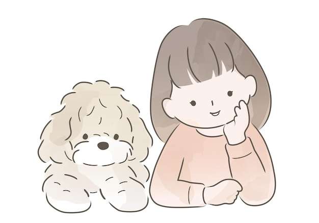 Hình vẽ vector Cô gái dễ thương màu nước với con chó của mình bị cô lập trên nền trắng minh họa vector ngây thơ
