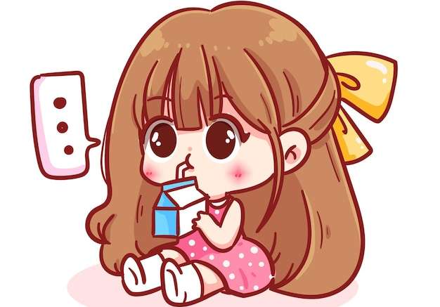 Hình vẽ vector Cô gái dễ thương ngồi uống sữa nhân vật hoạt hình vẽ tay nghệ thuật minh họa
