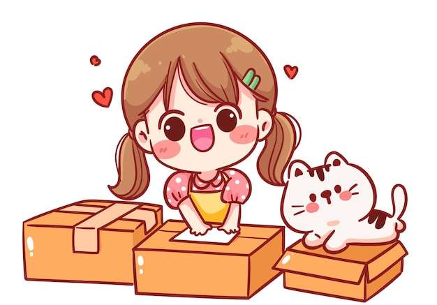 Hình vẽ vector Cô gái dễ thương với con mèo đóng gói hàng hóa vào hộp nhân vật hoạt hình vẽ tay nghệ thuật minh họa