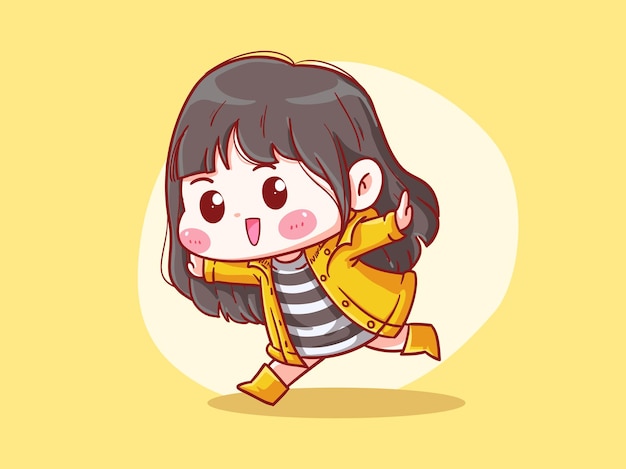 Hình vẽ vector Cô gái hạnh phúc dễ thương và dễ thương mặc áo mưa và đi ủng manga minh họa chibi