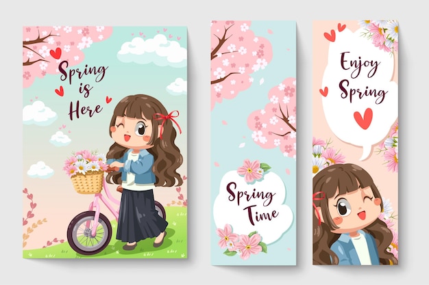 Hình vẽ vector Cô gái ngọt ngào đi xe đạp trong hình minh họa chủ đề mùa xuân cho các tác phẩm nghệ thuật thời trang trẻ em