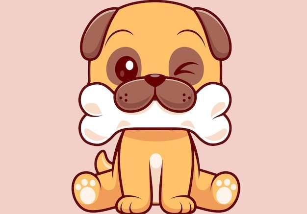 Hình vẽ vector Con chó pug dễ thương cắn xương phim hoạt hình biểu tượng vector minh họa. khái niệm biểu tượng thiên nhiên động vật bị cô lập cao cấp
