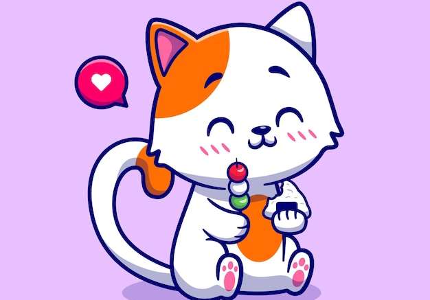 Hình vẽ vector Con mèo dễ thương ăn mochi dango và onigiri minh họa biểu tượng vector hoạt hình. khái niệm biểu tượng thức ăn động vật bị cô lập vector cao cấp. phong cách hoạt hình phẳng