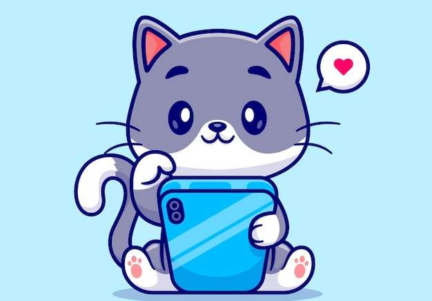 Hình vẽ vector Con mèo dễ thương chơi điện thoại tay phim hoạt hình biểu tượng vector minh họa. khái niệm biểu tượng công nghệ động vật bị cô lập vector cao cấp. phong cách hoạt hình phẳng