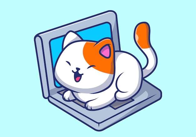 Hình vẽ vector Con mèo dễ thương ngồi trên máy tính xách tay biểu tượng vector hoạt hình minh họa khái niệm biểu tượng công nghệ động vật bị cô lập