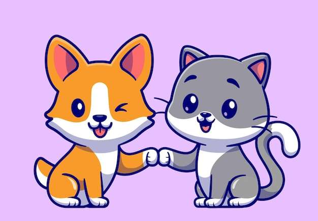 Hình vẽ vector Con mèo dễ thương và con chó corgi phim hoạt hình biểu tượng vector minh họa. biểu tượng người bạn động vật khái niệm véc tơ cao cấp bị cô lập. phong cách hoạt hình phẳng