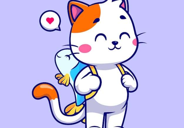 Hình vẽ vector Con mèo dễ thương với túi cá phim hoạt hình biểu tượng vector minh họa. khái niệm biểu tượng giáo dục động vật bị cô lập phẳng