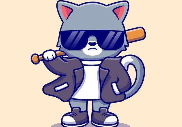 Hình vẽ vector Con mèo xấu dễ thương mặc vest và đeo kính râm với hình minh họa biểu tượng hoạt hình gậy bóng chày. khái niệm biểu tượng thời trang động vật bị cô lập. phong cách hoạt hình phẳng