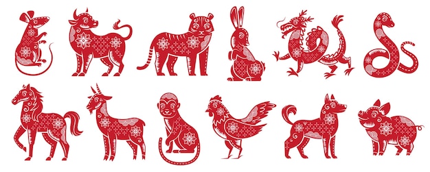 Hình vẽ vector Cung hoàng đạo năm mới của Trung Quốc. động vật tử vi truyền thống của trung quốc, hình bóng cung hoàng đạo màu đỏ
