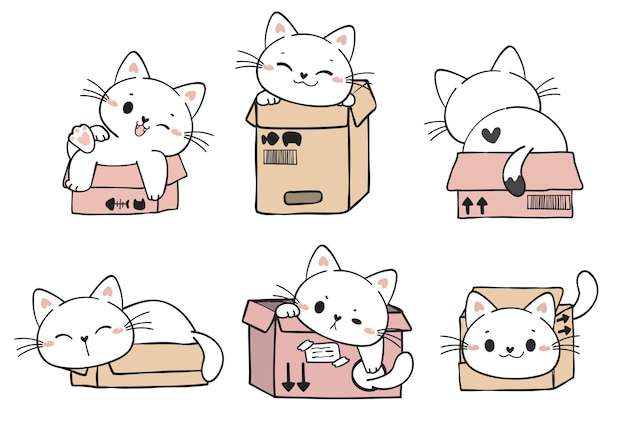 Hình vẽ vector Dễ thương hài hước mèo trắng tinh nghịch trong bộ sưu tập hộp các tông mèo hoạt hình đáng yêu thú cưng động vật vẽ tay vector