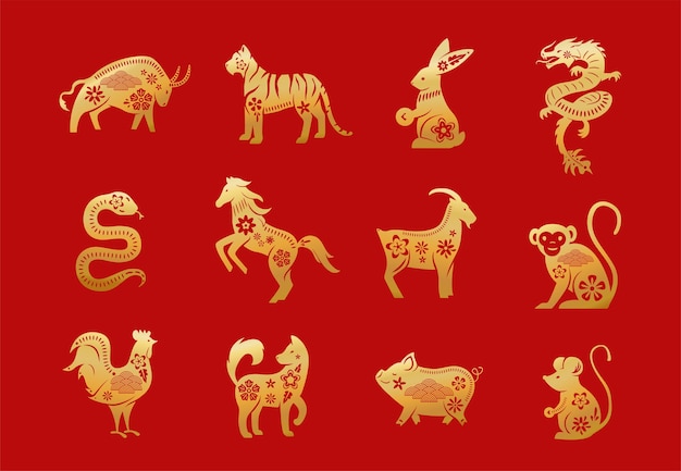 Hình vẽ vector Động vật hoàng đạo Trung Quốc. mười hai ký tự vàng năm mới châu Á được thiết lập bị cô lập