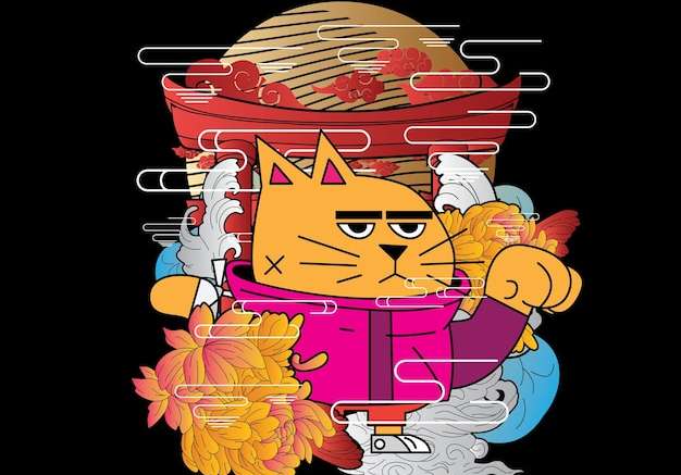 Hình vẽ vector Hình minh họa mèo với nền phong cách Nhật Bản