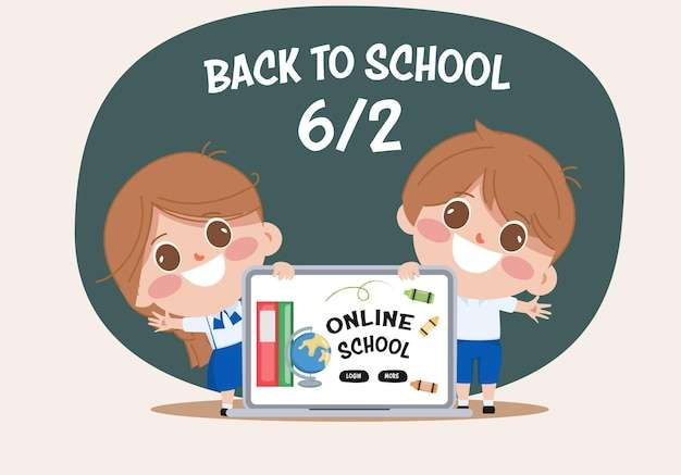 Hình vẽ vector Học sinh trở lại trường học trực tuyến với máy tính nhân vật hoạt hình trẻ em dễ thương
