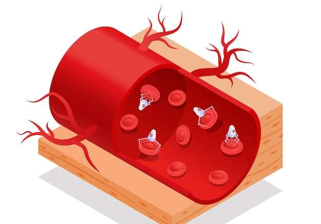 Hình vẽ vector Khái niệm y học nano công nghệ nano tương lai Isometric với robot máu trong hình minh họa vector 3d động mạch