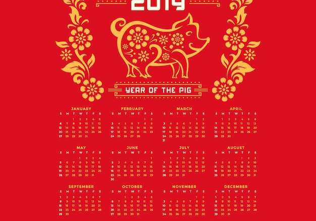 Hình vẽ vector Lợn và hoa lịch năm mới của trung quốc