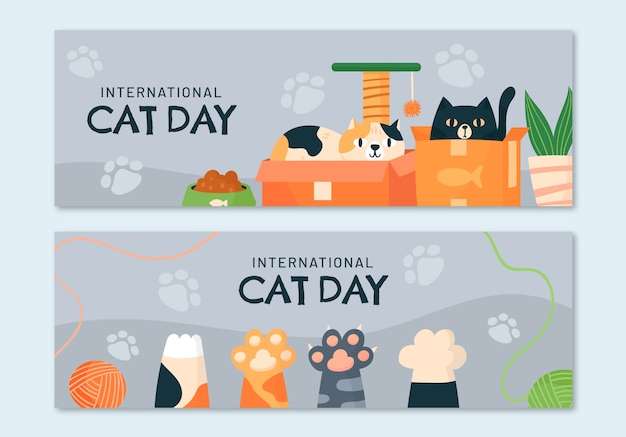 Hình vẽ vector Mẫu biểu ngữ ngang ngày quốc tế mèo phẳng