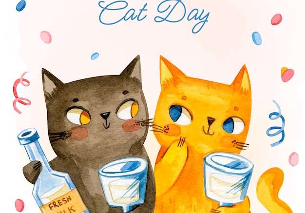 Hình vẽ vector Màu nước minh họa ngày quốc tế mèo