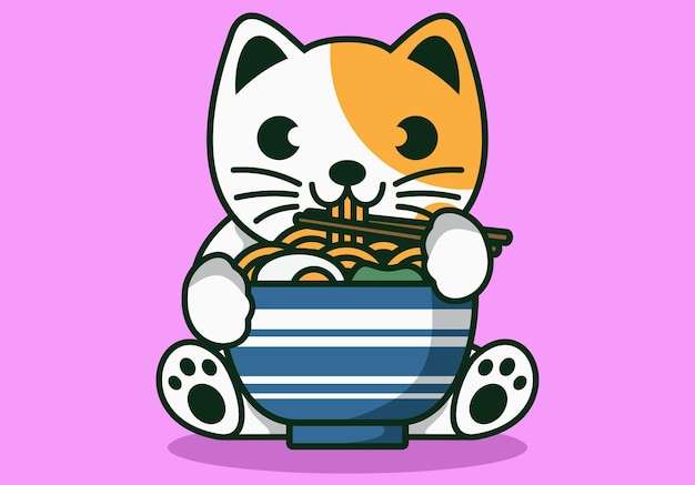 Hình vẽ vector Mèo dễ thương ăn mì ramen phim hoạt hình minh họa vector