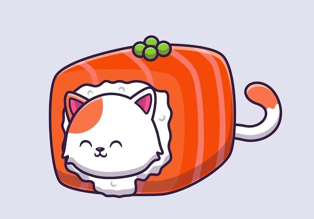 Hình vẽ vector Mèo dễ thương sushi cá hồi phim hoạt hình minh họa vector.
