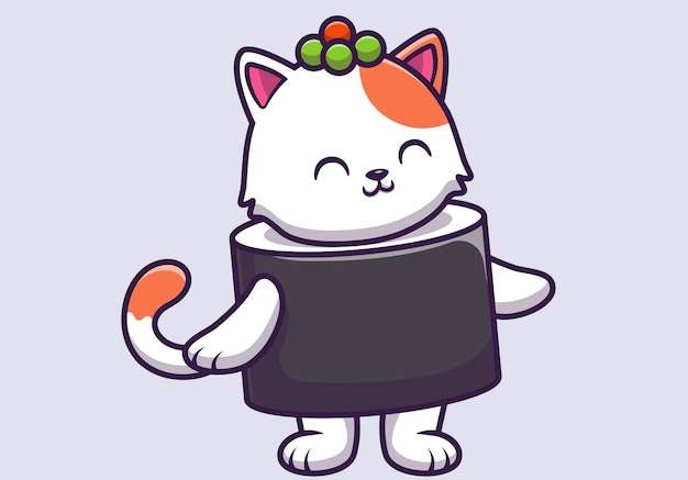 Hình vẽ vector Mèo dễ thương sushi cá hồi phim hoạt hình minh họa vector.