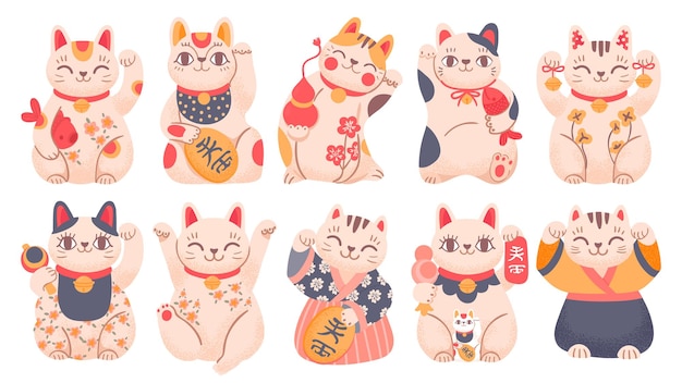 Hình vẽ vector Mèo may mắn Nhật Bản. đồ chơi hoạt hình maneki neko trong trang phục truyền thống, cầm cá, chuông và đồng xu vàng. châu Á vẫy bộ vector mèo may mắn. minh họa mèo nhật, linh vật dễ thương và may mắn