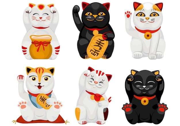Hình vẽ vector Mèo may mắn Nhật Bản maneki neko tập hợp các biểu tượng bị cô lập với linh vật phương đông vật nuôi động vật minh họa vector