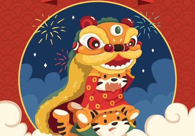 Hình vẽ vector Múa sư tử phẳng sáng tạo năm mới của trung quốc với nhân vật hổ
