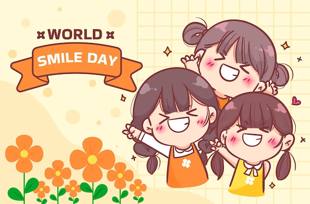 Hình vẽ vector Ngày nụ cười thế giới hạnh phúc cô gái dễ thương vẽ tay hoạt hình nghệ thuật minh họa