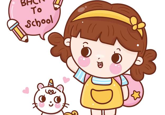 Hình vẽ vector Nhà giáo dục trở lại trường vẽ nguệch ngoạc cô gái dễ thương và phim hoạt hình mèo kỳ lân