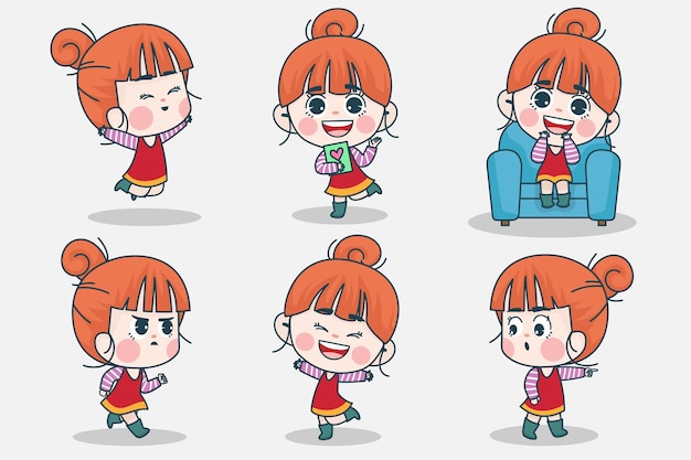 Hình vẽ vector Nhân vật cô gái trẻ thông minh với nét mặt và tư thế tay khác nhau.